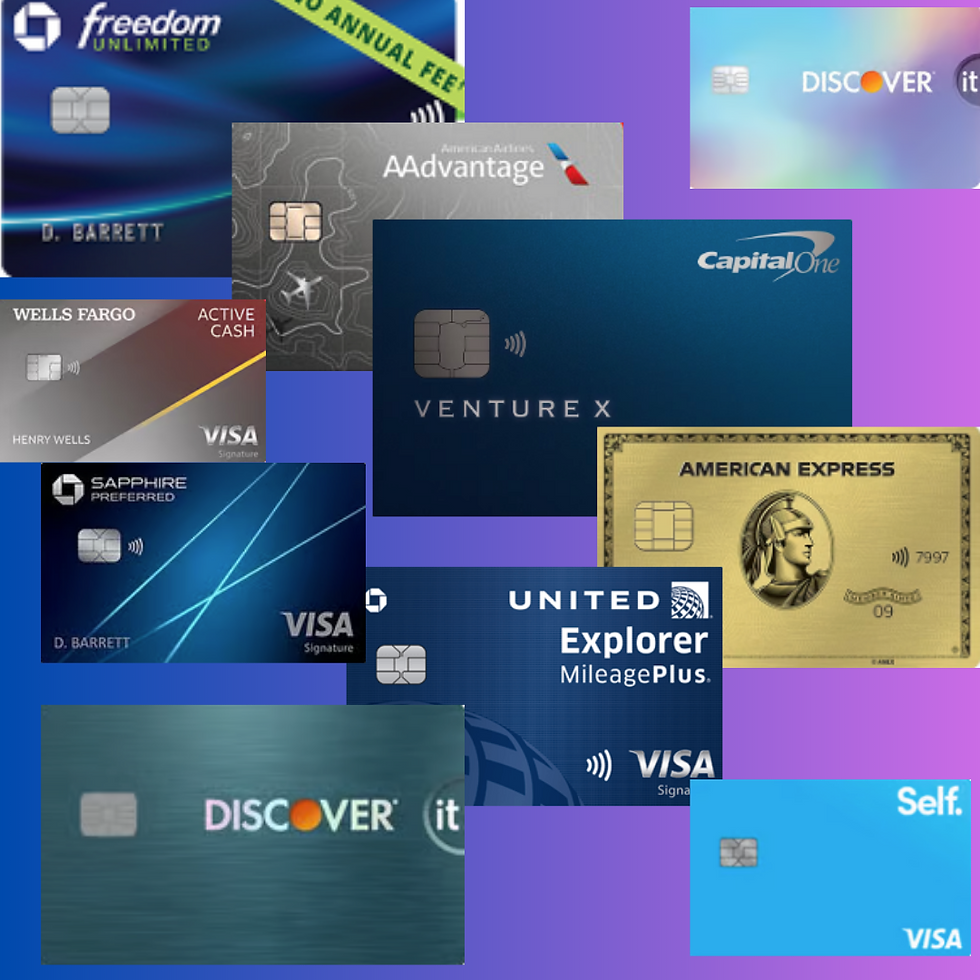 various reward credit cards like those from Chase, Capital One & Citibank. United airlines, American express, Discover, Venture X, Chase Sapphire, American Airlines
