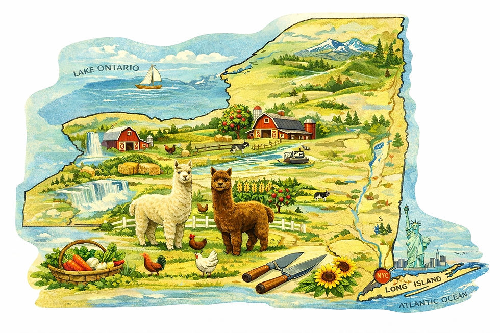An alpaca shearing themed map of New York State