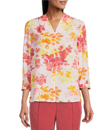 Investments Caroline Signature Floral Print V-Neck 3_4 Sleeve Button Front Top _ Dillard's