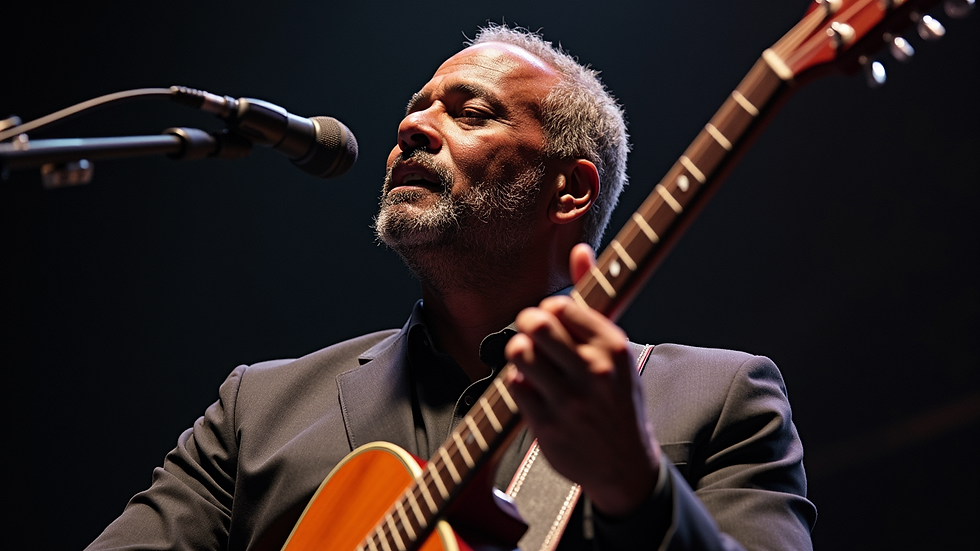 Close-up view of Roy Richardson Jr. performing on stage with a guitar