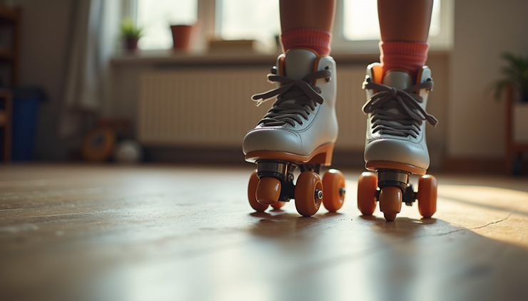 Close-up view of a pair of inline skates on a wooden floor