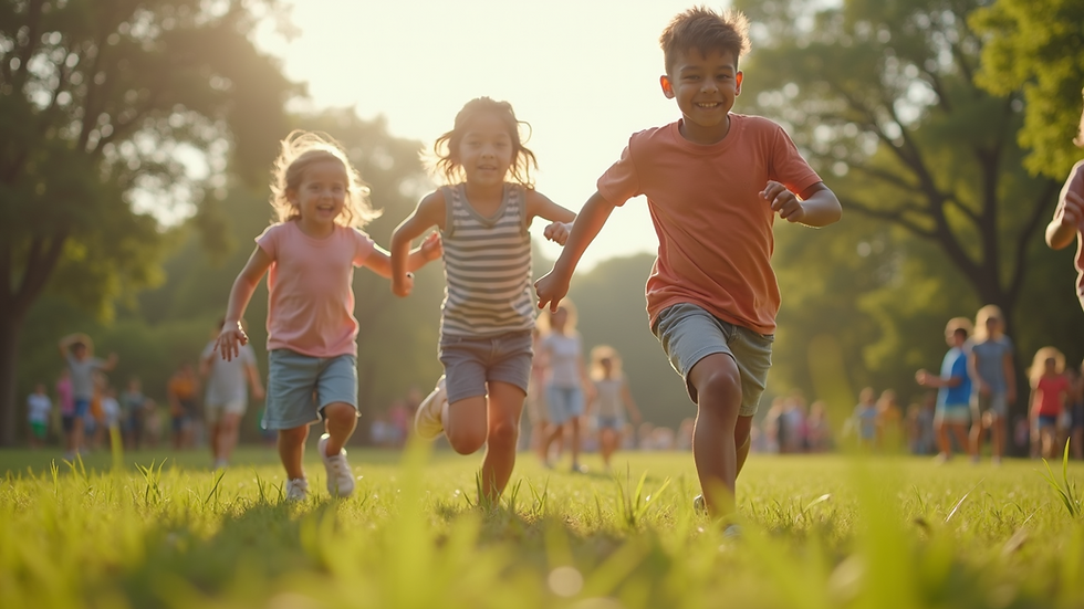 Eye-level view of a family engaging in a fun outdoor exercise session