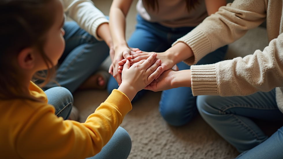 High angle view of a family sitting in a circle, holding hands in a supportive gesture