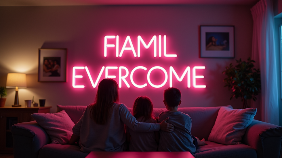 Eye-level view of a family sitting together in a cozy living room