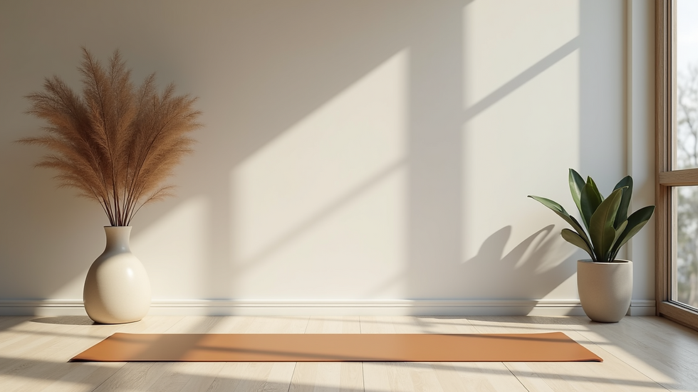 Eye-level view of a serene yoga mat on a wooden floor