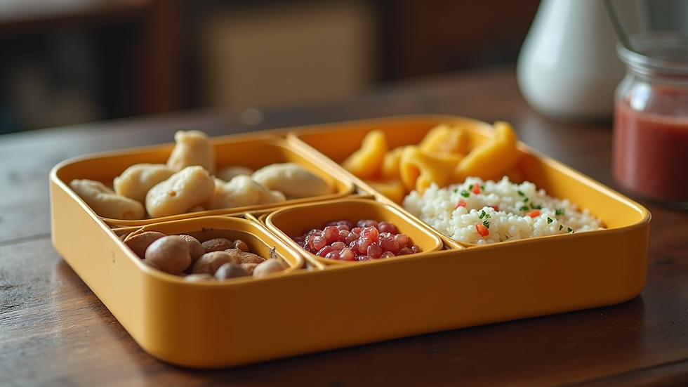 Eye-level view of a colorful tiffin box filled with healthy snacks
