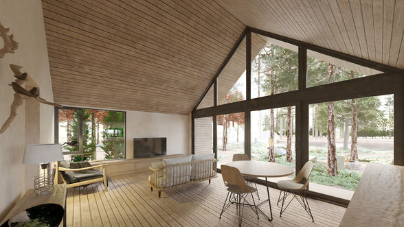 Interior cabana. Área social. Cores neutras, forro inclinado e grande esquadria com vista para a paisagem.