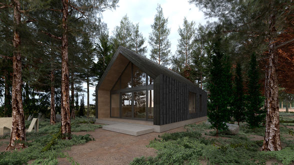 Cabana térrea em meio às árvores, telhado inclinado de duas águas, revestimento de madeira escura na fachada.