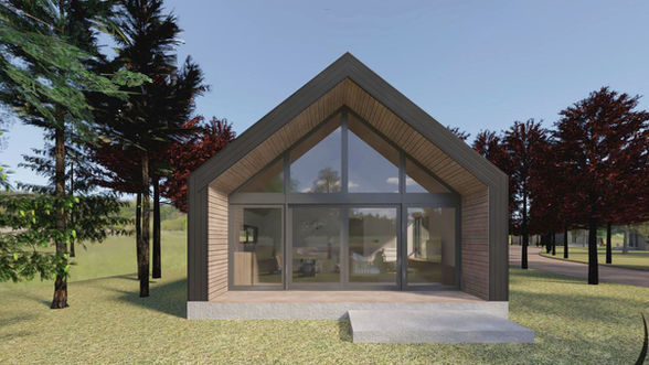 Cabana térrea, telhado inclinado de duas águas, esquadria seguindo inclinação telhado, revestimento de madeira escura na fachada.