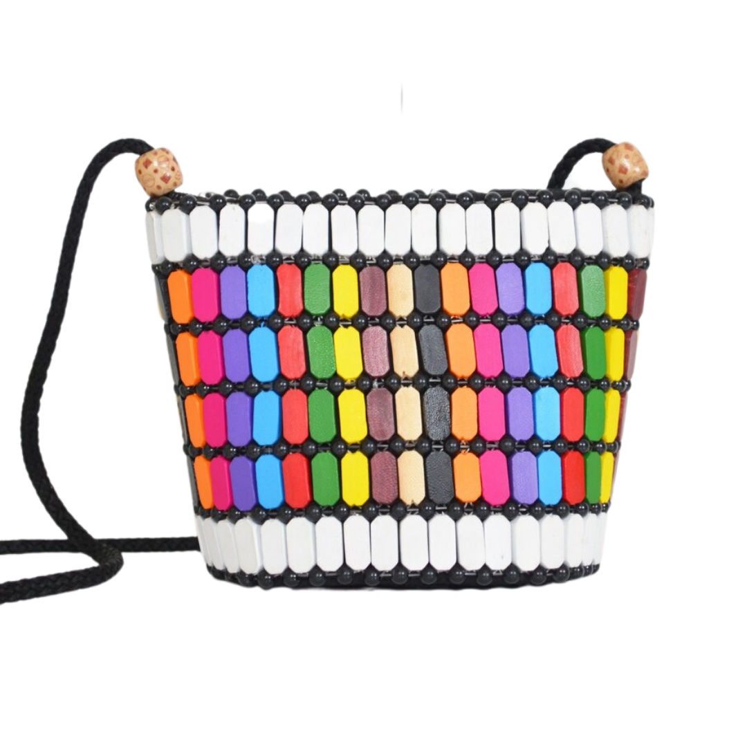 White Frame Rainbow with Black Wood Beaded Bag