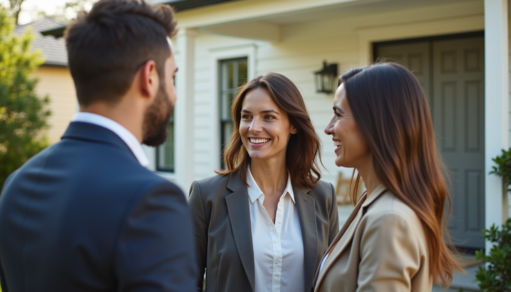 Vue rapprochée d’un agent immobilier discutant avec un couple devant une maison