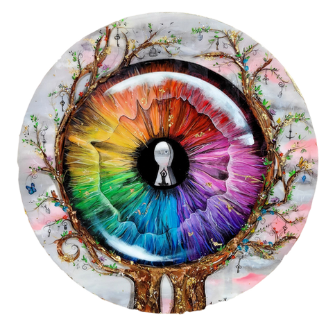 Œil coloré avec des arbres et des fleurs, beau design artistique, Laura Fooort.