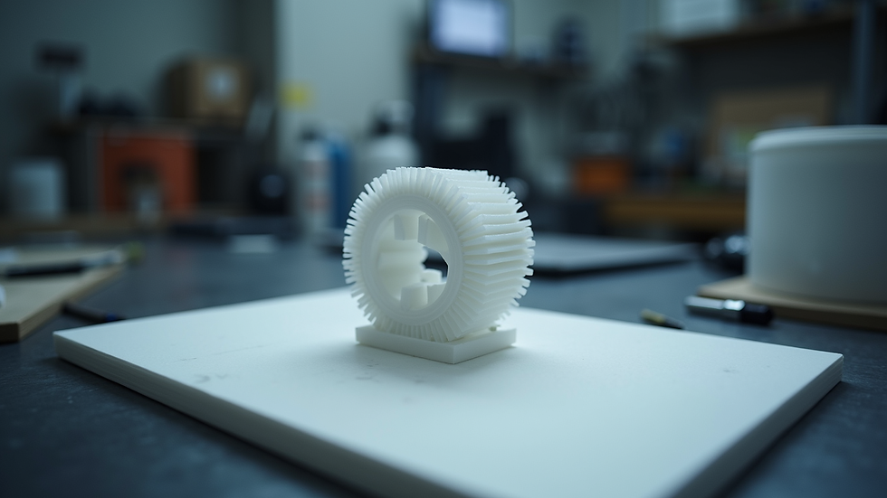 Eye-level view of a 3D printed prototype on a workbench