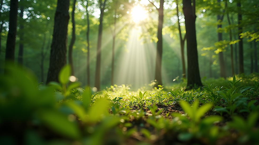 Eye-level view of a lush green forest with sunlight filtering through the leaves