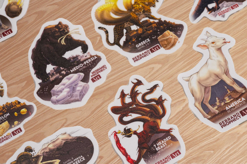 Bible Prophecy stickers by Rebrand Prophecy Art. Daniel & Revelation beasts.