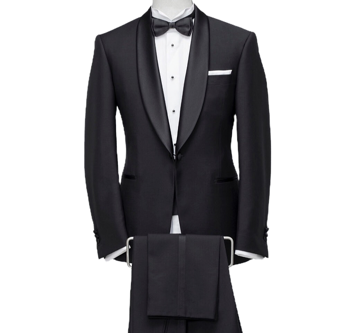 Schwarzer Smoking mit Satin Schalkragen und Fliege und Smokinghose