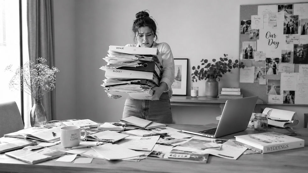 Overwhelmed bride holding wedding-planning binders behind a desk covered in contracts, paperwork, and a laptop, in black and white.