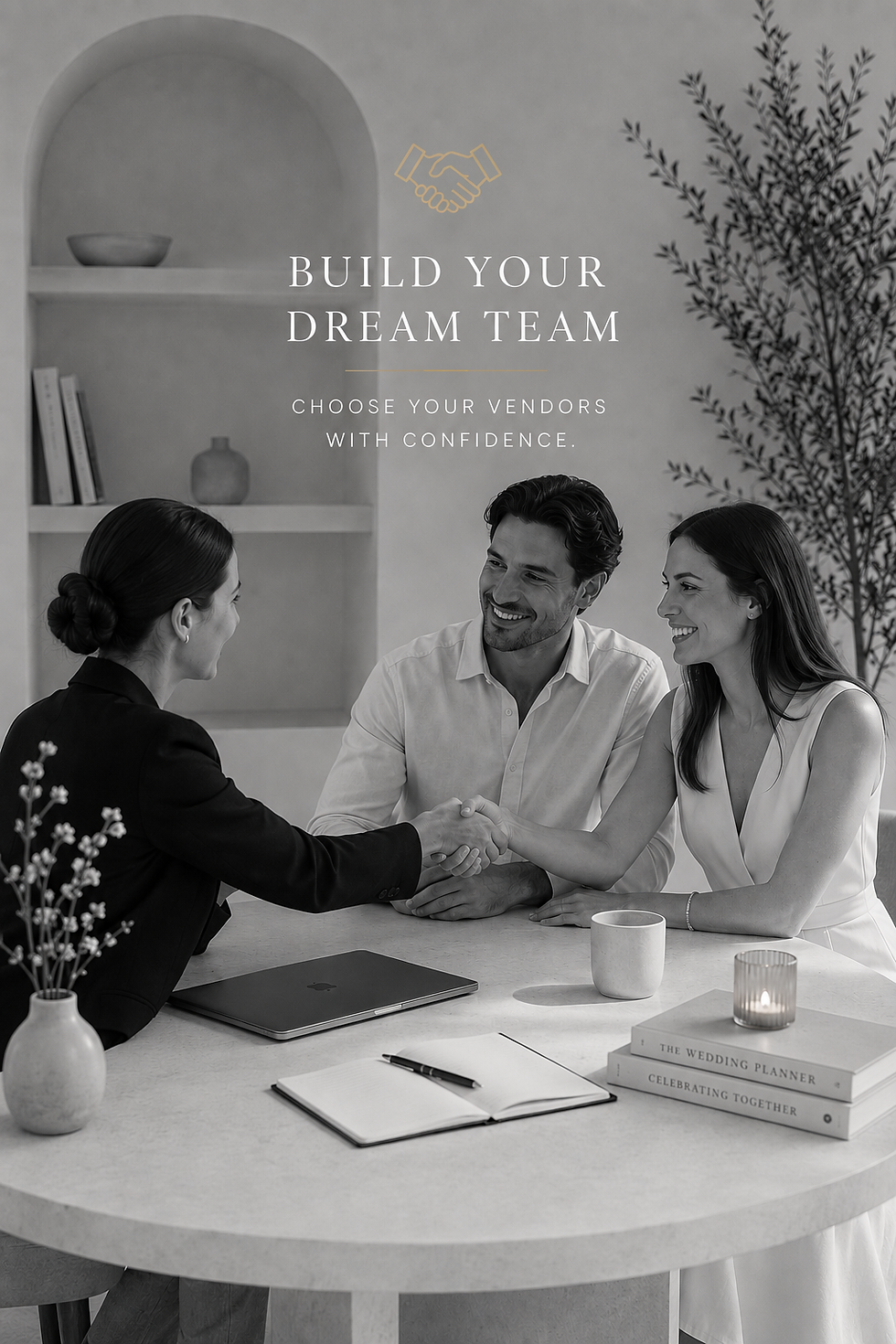 Couple meeting with a wedding vendor to confidently build their wedding team.