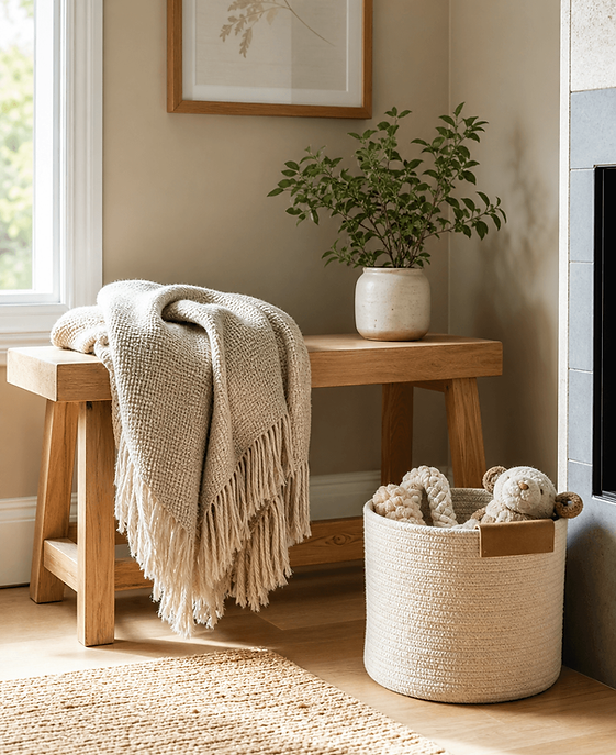 Wooden bench with a fringed throw blanket, potted plant, and a basket of dog toys in a bright living room