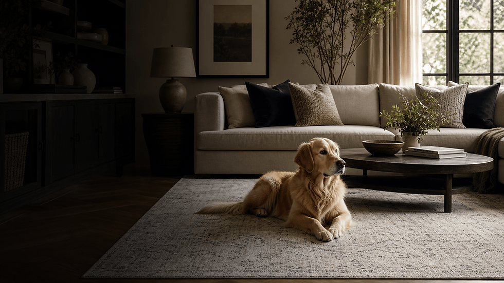 A Golden Retriever relaxing on a patterned rug in a cozy, neutral-toned living room