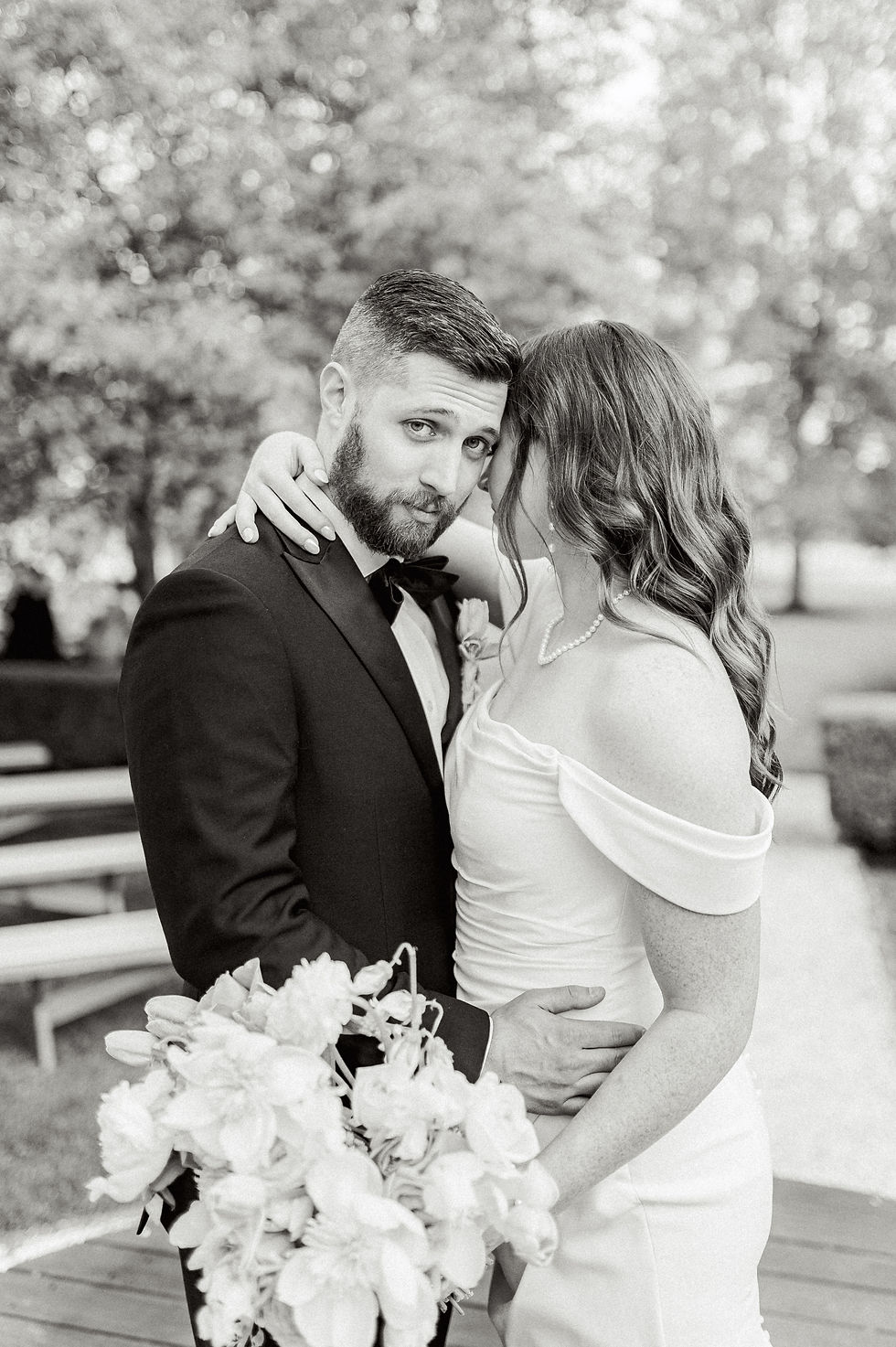 Bride and groom hugging