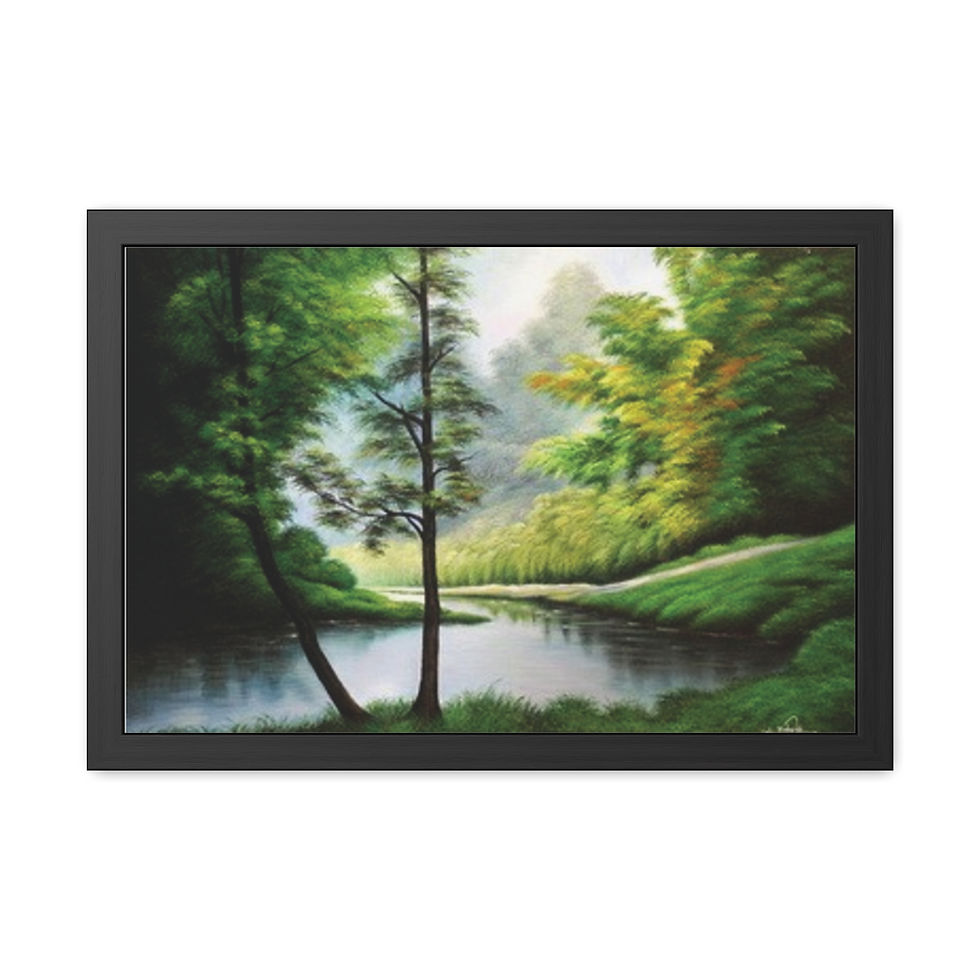 Thumbnail: Framed painting of a calm river surrounded by green trees in a forest setting.