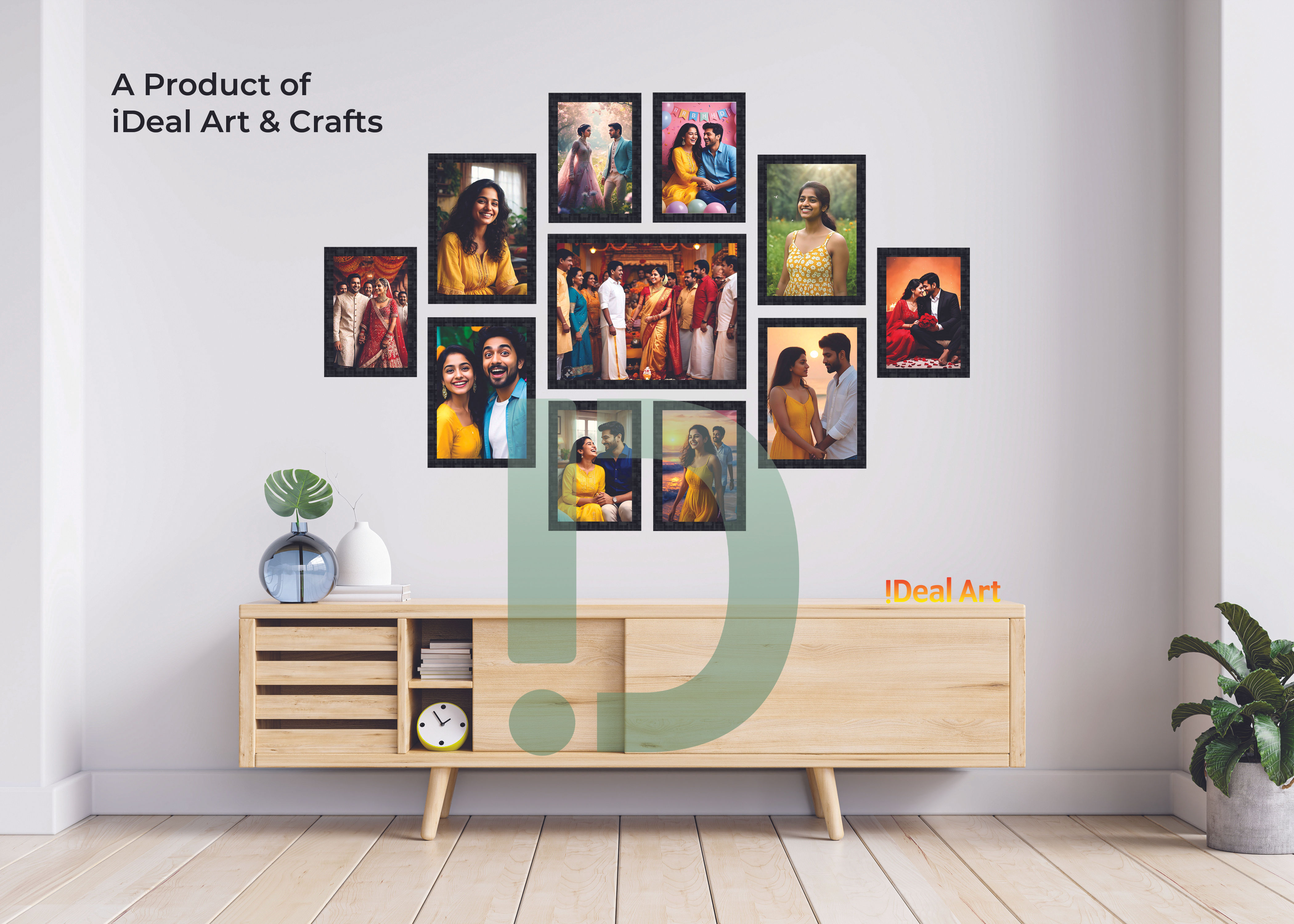 A stylish photo frame wall collage set featuring multiple frames arranged in a visually appealing layout. The frames vary in size and orientation, creating a dynamic composition that enhances the decor. The collage may include personal photographs, artwork, quotes, or abstract designs, adding a personalized touch to the wall. Perfect for living rooms, bedrooms, or hallways, this arrangement complements modern, minimalist, or traditional interiors.