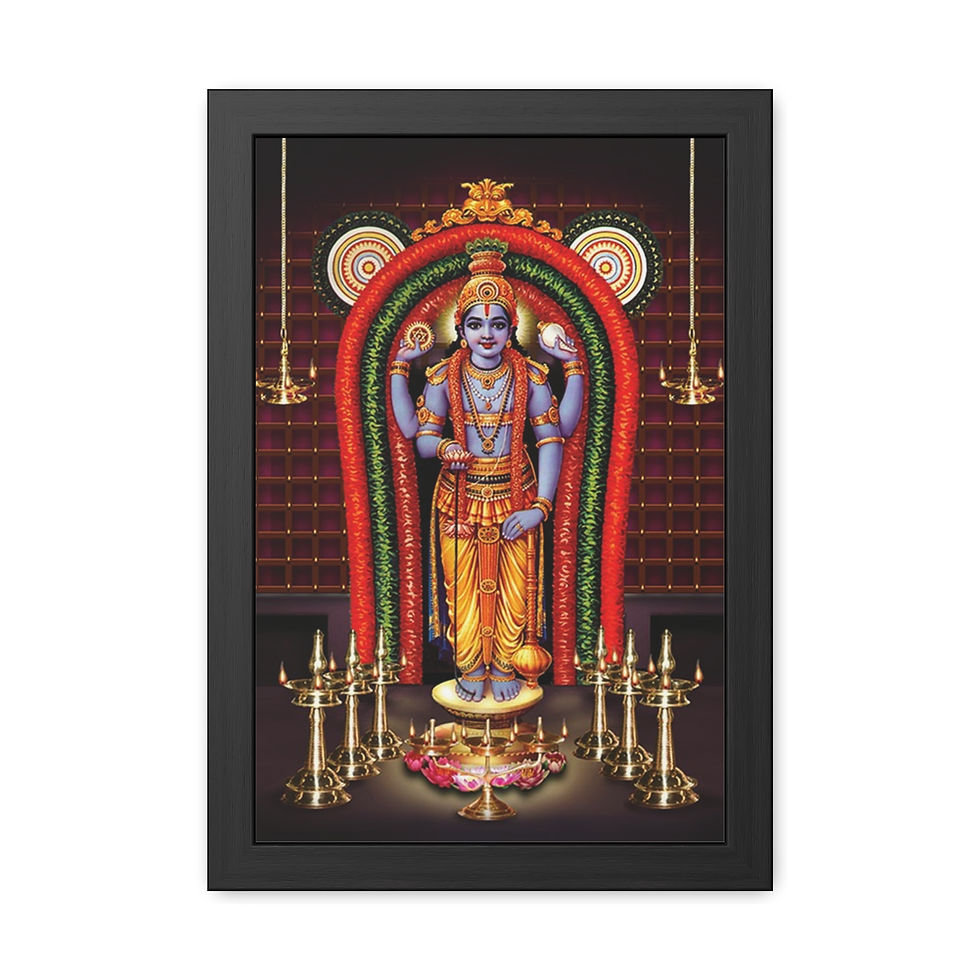 Vibrant framed artwork of Lord Guruvayurappan adorned with golden ornaments, colorful flower garlands, and surrounded by trad