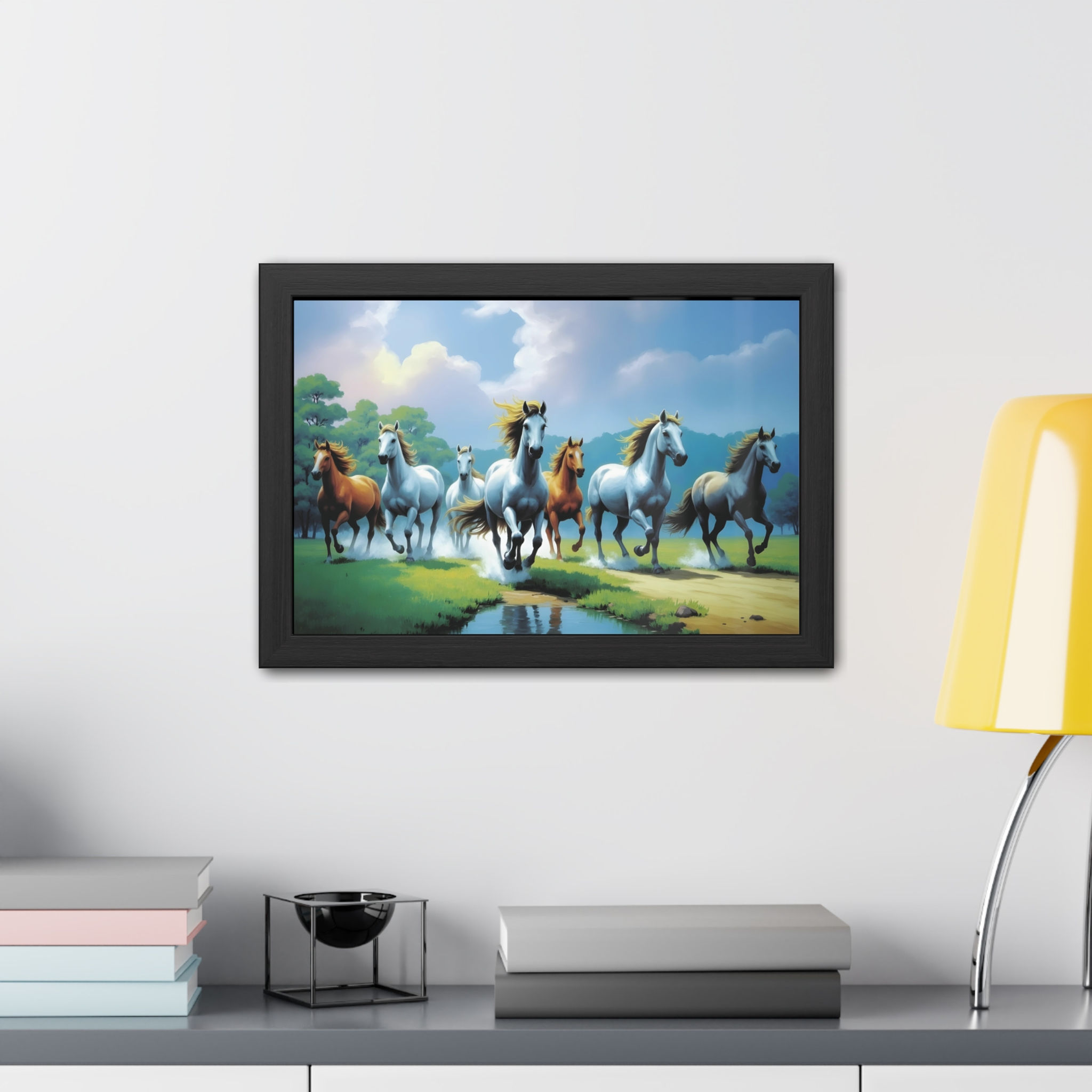"Vastu 7 running horses painting in a black frame, symbolizing success, growth, and positive energy, with white and brown hor