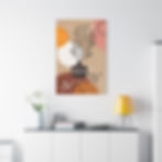 A framed abstract artwork featuring earthy tones of beige, brown, orange, and pink, with black botanical elements. The design includes a stylized plant with dark, curved leaves emerging from a geometric-patterned vase, surrounded by organic shapes, small triangles, and dotted patterns. The artwork is displayed on a minimalist white shelf, accompanied by pastel-colored vases with yellow spherical flowers and green leafy stems, creating a modern and harmonious decor arrangement.