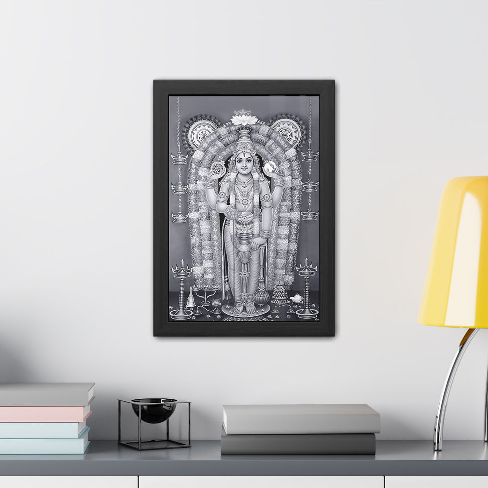 Black and white framed artwork of Lord Guruvayurappan, adorned with intricate jewelry, garlands, and traditional lamps, stand