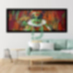 A vibrant painting of a Kathakali performer with an expressive hand gesture and striking green face makeup.