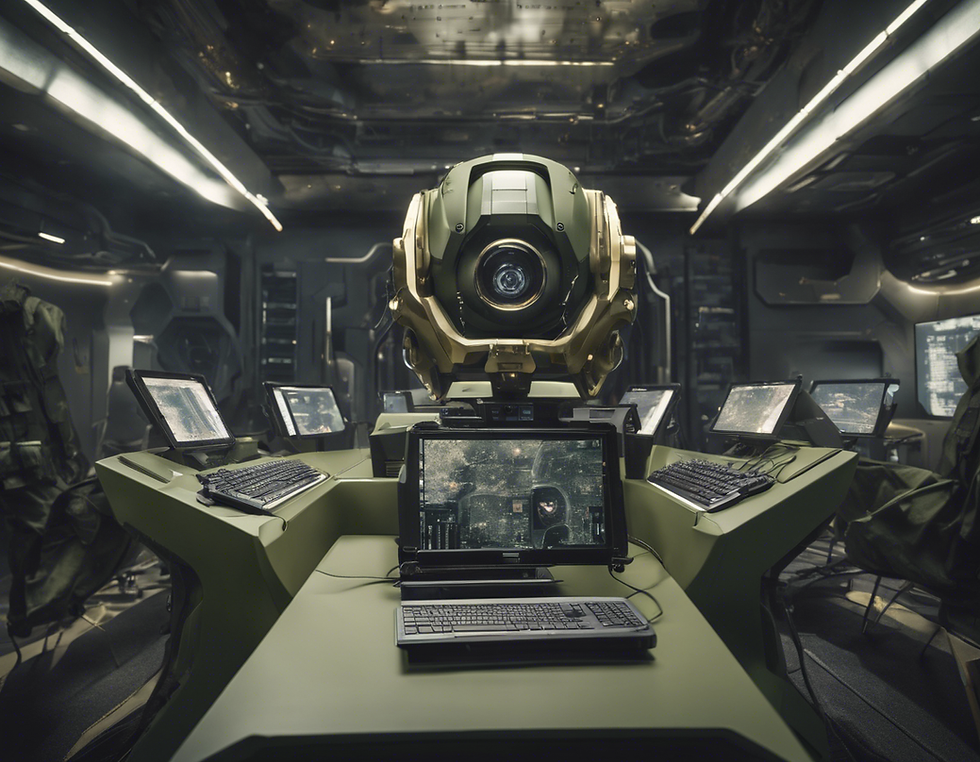In a futuristic command center, advanced surveillance technology monitors multiple screens, highlighting the integration of AI in tactical environments.