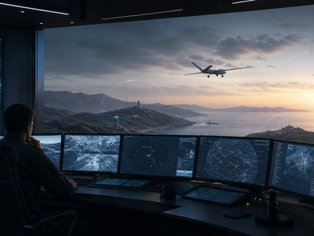 A human operator monitors drones, satellite data, and layered defense systems from a modern command center overlooking a coastal landscape at sunrise.