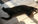 Black cat stretched out sleeping on a striped rug in sunlight, with keikowatt.com watermark.