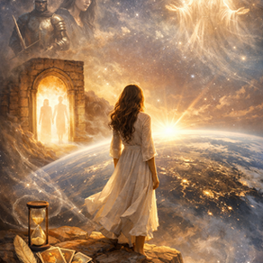 Woman standing between Earth and cosmos, symbolizing soul purpose, past lives, and divine guidance