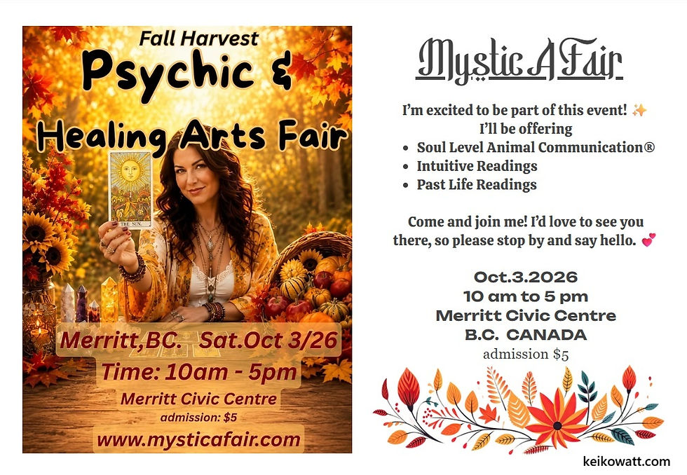 Fall Harvest Psychic & Healing Arts Fair poster with woman holding tarot card, autumn leaves, and event details for Merritt, BC.