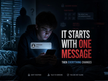 Show a teenage boy sitting alone in a dimly lit room, illuminated only by the glow of his phone. His expression should show concern or unease.