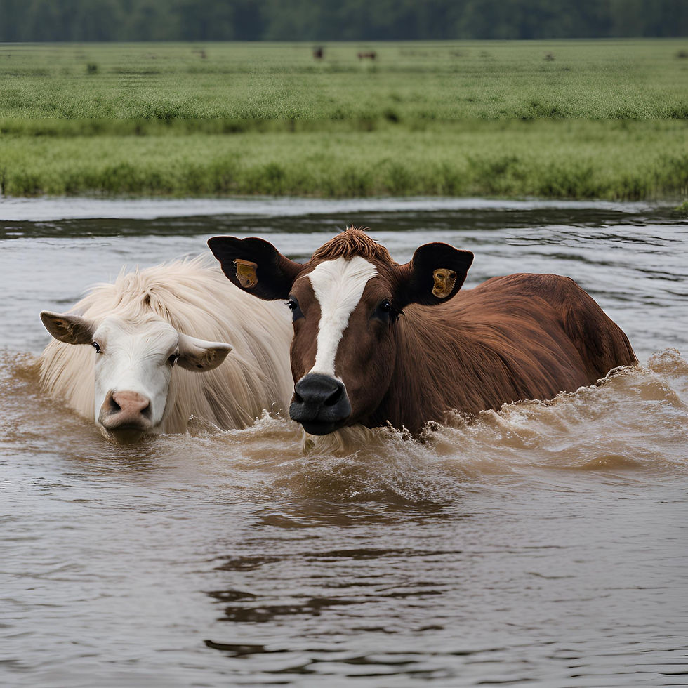 Two cows wading through neck high flood waters