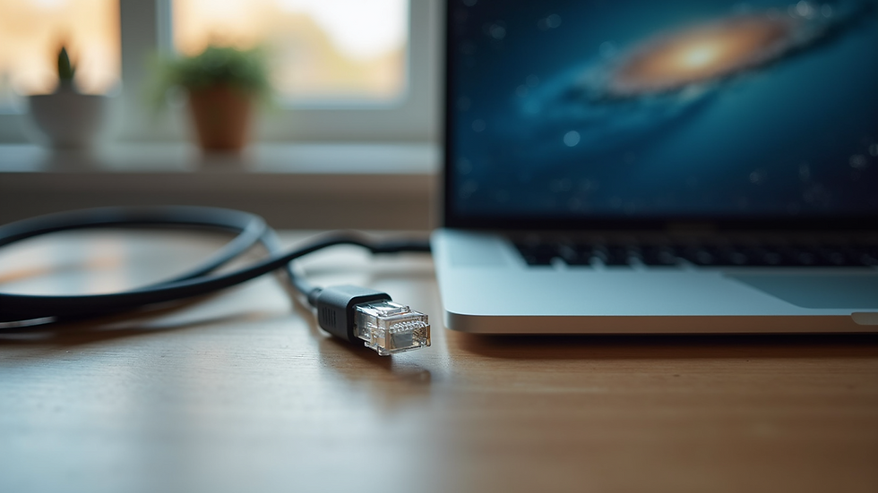 Eye-level view of a network cable and a laptop on a simple workspace