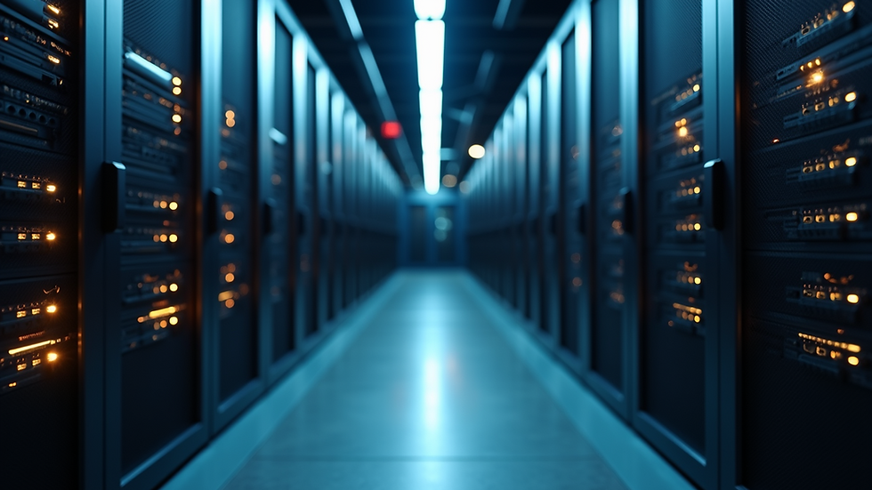 Eye-level view of a server room with blinking network equipment