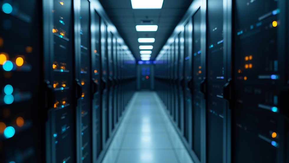 High angle view of a server room with blinking lights