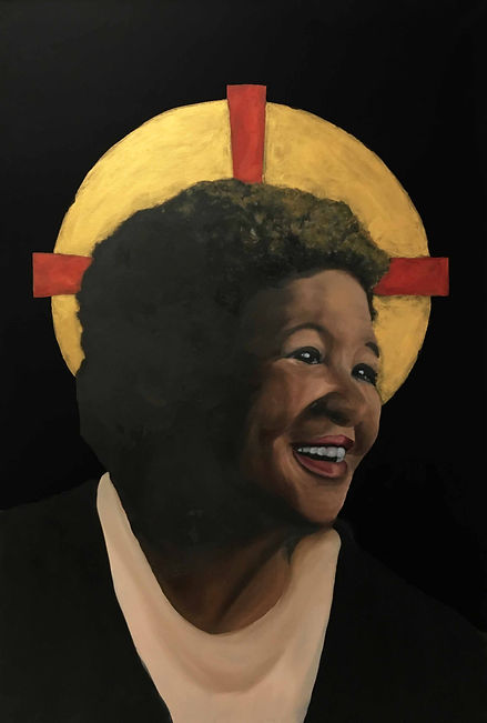 an icon oil painting of Barbara Holmes with a halo
