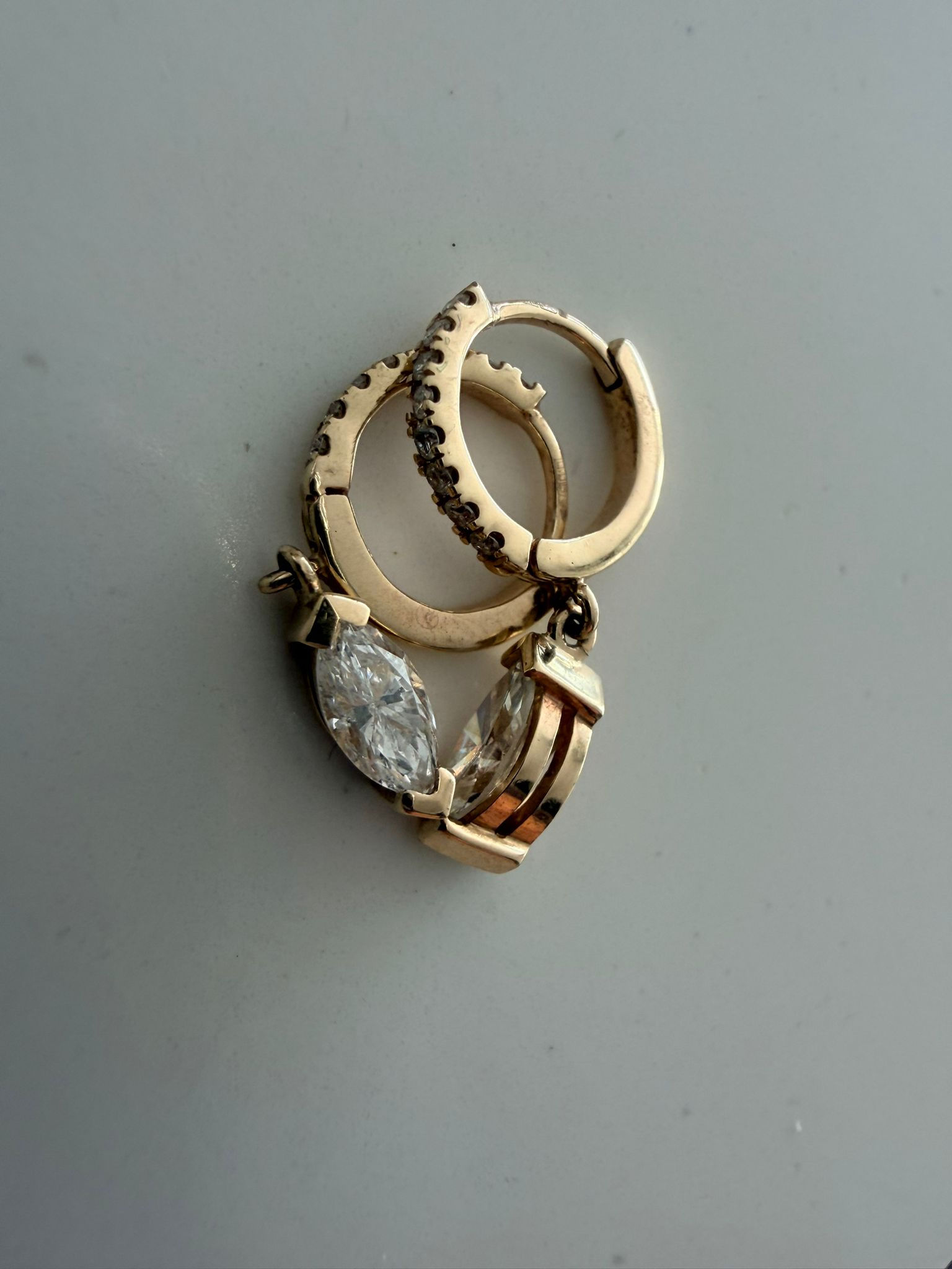 Solid Gold Diamond Set 10mm Huggie Hoops with 0.40ct Marquise Diamond Drops