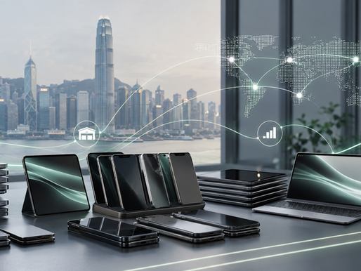 Used Apple devices arranged for global B2B wholesale, with Hong Kong and cross-border supply chain visuals.