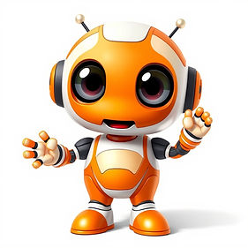 A highly detailed, friendly robot character with a polished, seamless orange and white met