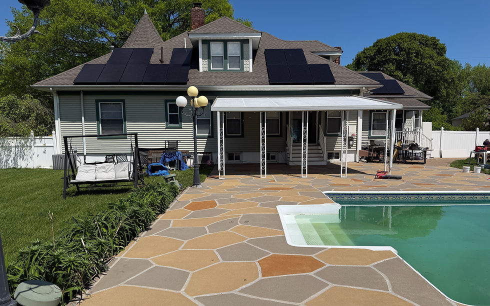 Classic Flagstone Hurricane Slate pool deck resurfaced by RenuKrete five years after installation, showing crisp pattern and natural stone look around a backyard pool in New Jersey.