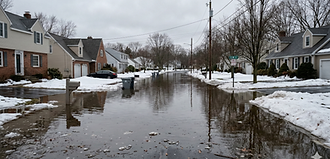 A photo of snowmelt flooding in a suburban neighborhood. Massive, dirty snowbanks line the edges of the frame, while large volumes of slushy, icy water flow down the street and pool at the base of driveways. The water is clear but carries chunks of ice and road salt, saturating front yards where patches of dead grass and remaining snow are visible. Bright spring sunlight reflects off the deep puddles that have submerged the sidewalk and reached the edges of home garages.