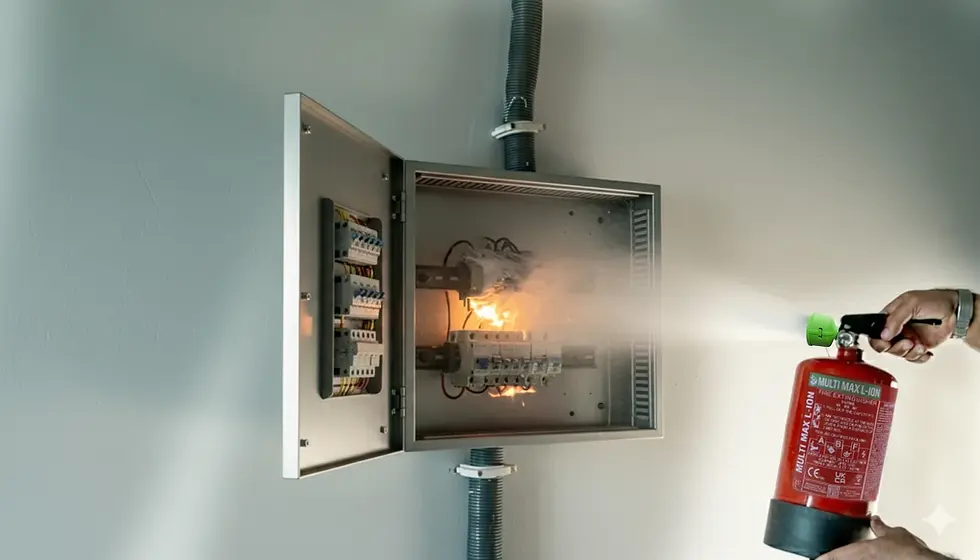 Fire in electrical panel being extinguished with fire extinguisher