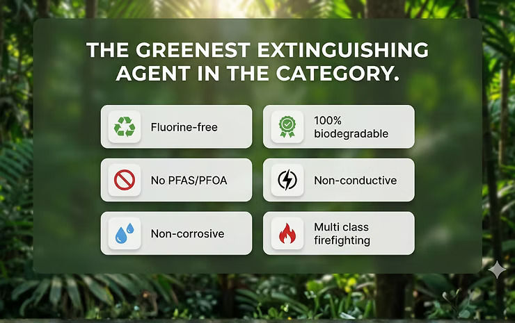 Graphic highlighting fluorine-free, biodegradable, non-conductive and multi-class fire extinguishing features